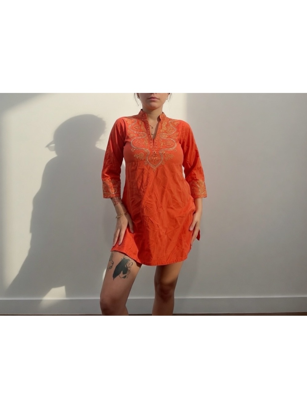 Orange Embroidered beaded Boho Tunic Mini Dress
